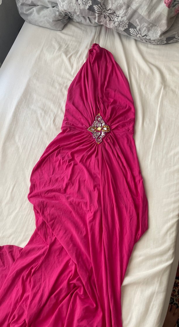 Pembe Drapeli Uzun Abiye Elbise boyundan bağlamalı - Görsel 2