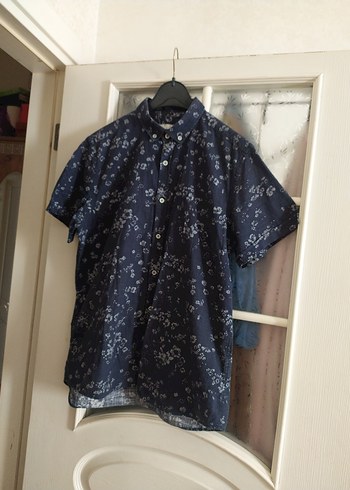 Lacivert Batik Desenli Kısa Kollu Denim Gömlek