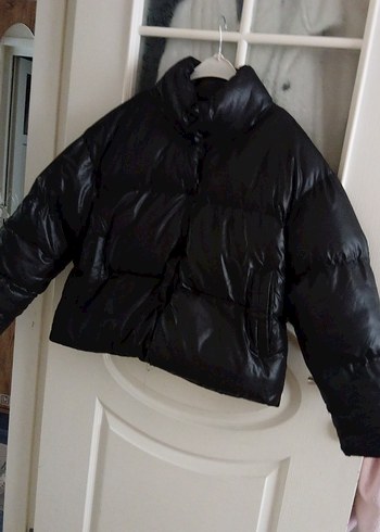 Siyah Deri Kadın Kışlık Mont, Düğmeli, Yüksek Yaka - Görsel 7