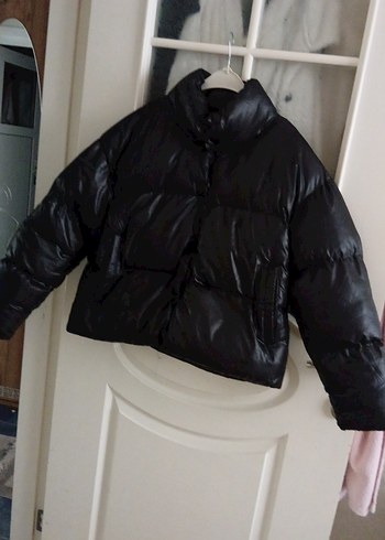 Siyah Deri Kadın Kışlık Mont, Düğmeli, Yüksek Yaka - Görsel 9