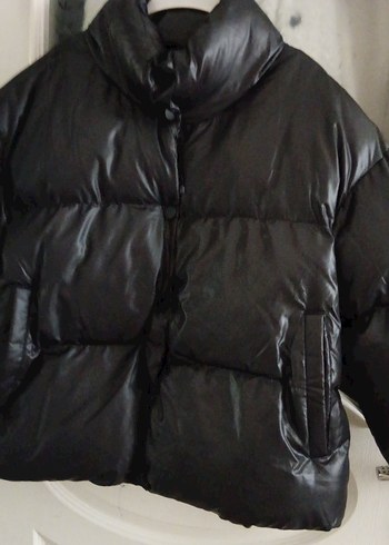 Siyah Deri Kadın Kışlık Mont, Düğmeli, Yüksek Yaka - Görsel 11