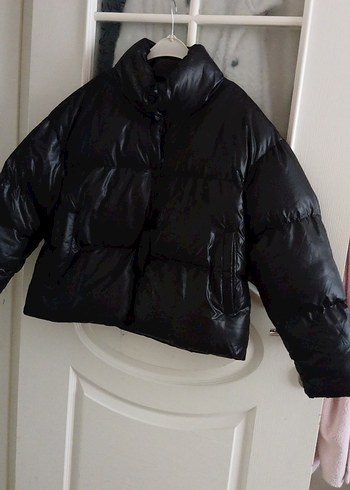 Siyah Deri Kadın Kışlık Mont, Düğmeli, Yüksek Yaka - Görsel 13