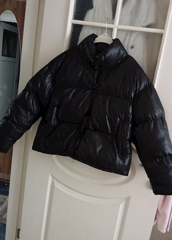 Siyah Deri Kadın Kışlık Mont, Düğmeli, Yüksek Yaka - Görsel 8