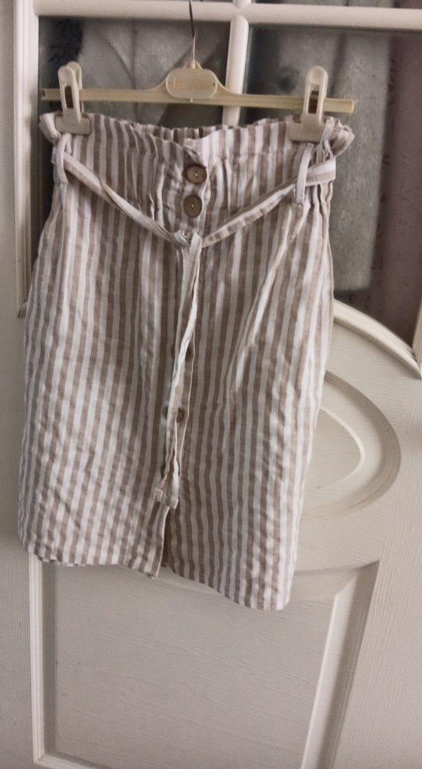 Düğmeli Bej Çizgili Keten  Mini Etek - Görsel 5