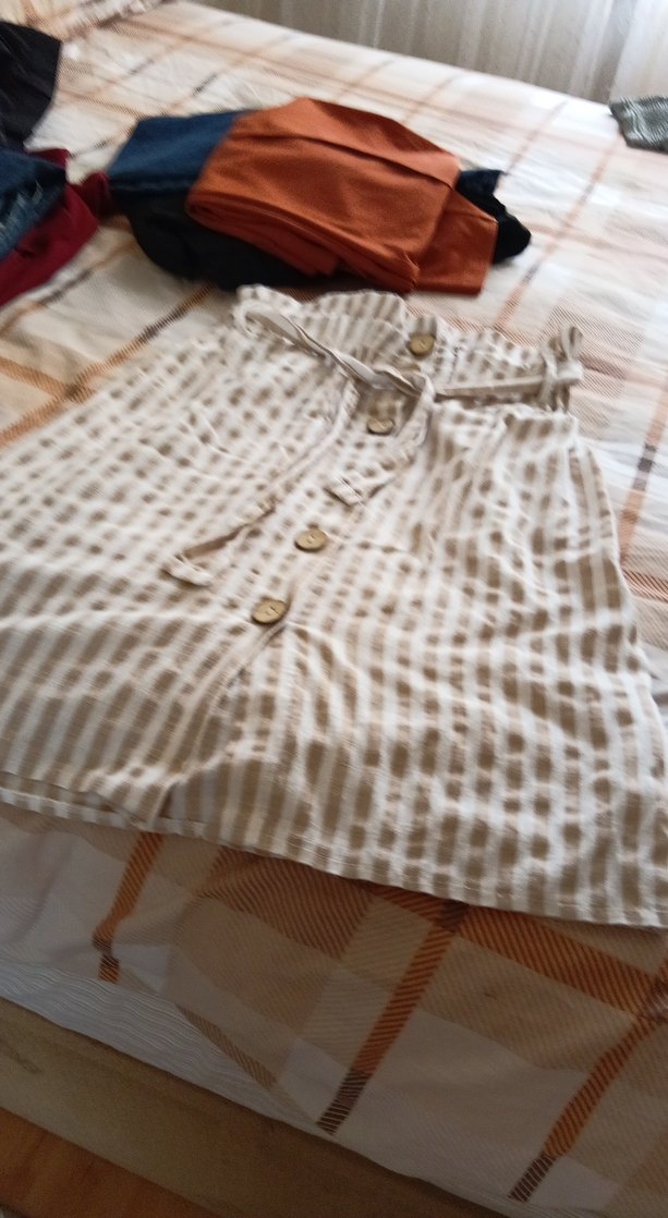 Düğmeli Bej Çizgili Keten  Mini Etek - Görsel 3