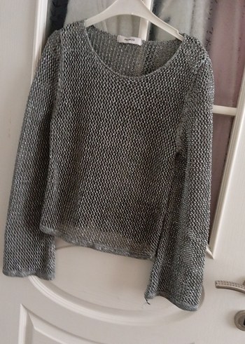 simli Gri Örgü Kadın Kazak - Görsel 2