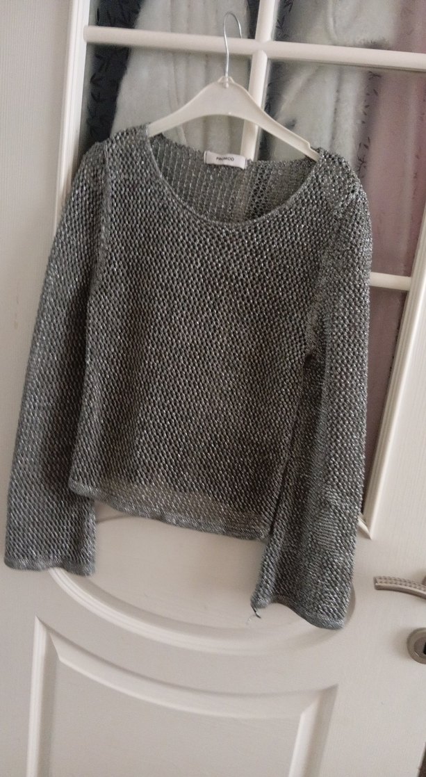 simli Gri Örgü Kadın Kazak - Görsel 2