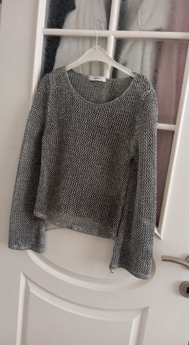 simli Gri Örgü Kadın Kazak - Görsel 3