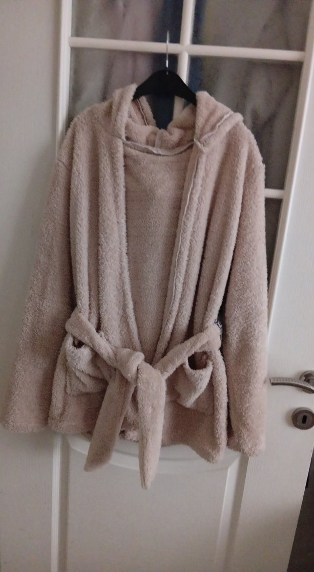 Bej Midi Kadın Bornoz, Rahat Kesim, Uzun Kollu - Görsel 2