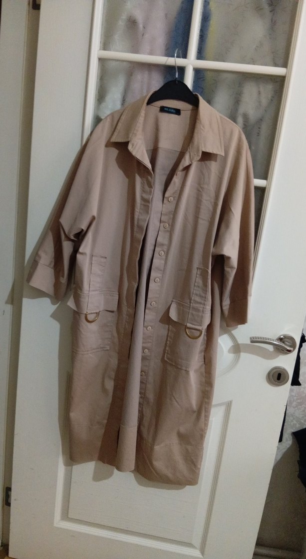 Bej Uzun  Keten Düğmeli Ceket - Görsel 3