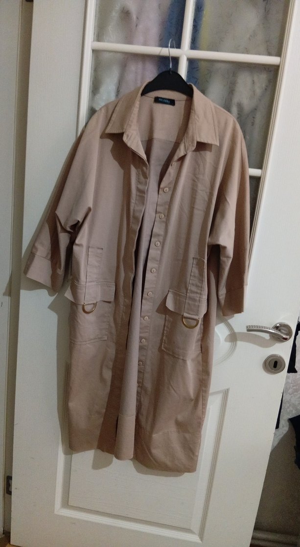 Bej Uzun  Keten Düğmeli Ceket - Görsel 2