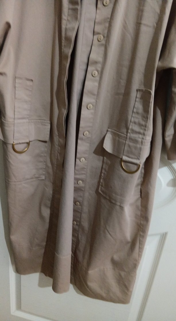 Bej Uzun  Keten Düğmeli Ceket - Görsel 5