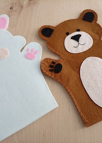 keçeden Pastel Kahverengi Ayı ve Beyaz Tavşan Kuklaları - Görsel 2