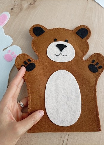 keçeden Pastel Kahverengi Ayı ve Beyaz Tavşan Kuklaları - Görsel 3