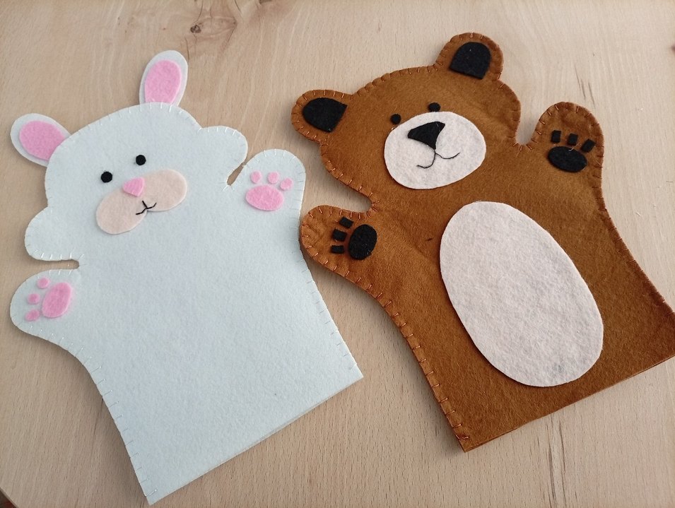 keçeden Pastel Kahverengi Ayı ve Beyaz Tavşan Kuklaları - Görsel 2