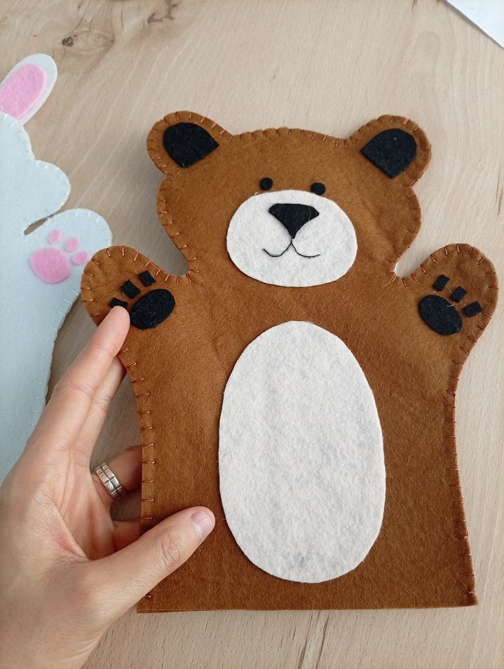 keçeden Pastel Kahverengi Ayı ve Beyaz Tavşan Kuklaları - Görsel 3