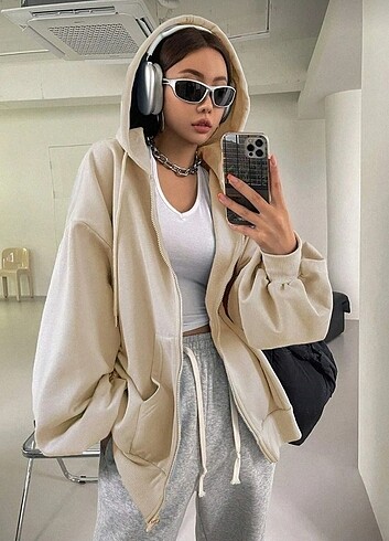 Bej Kapüşonlu Balon Kol Pinterest Model Aesthetic HIRKA