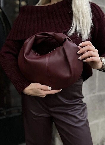 Kadın Bordo Düğüm Detaylı Pinterest Model Omuz Ve Kol Çantası 