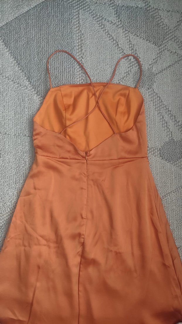 Saten Turuncu Uzun Kadın Elbise - Görsel 3