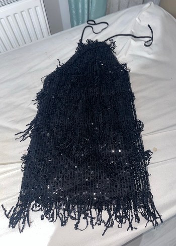 Boncuk İşlemeli Siyah Uzun Halter Yaka Elbise - Görsel 2