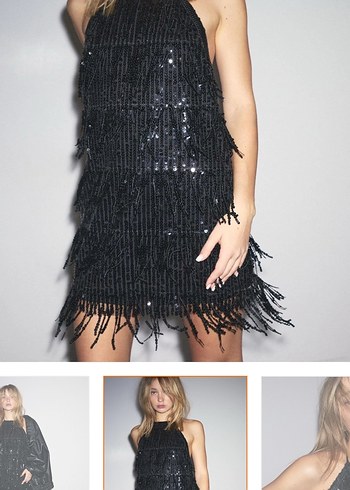 Boncuk İşlemeli Siyah Uzun Halter Yaka Elbise - Görsel 3