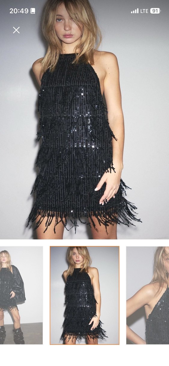 Boncuk İşlemeli Siyah Uzun Halter Yaka Elbise - Görsel 3