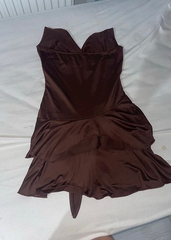 Kahverengi V Yaka Drapeli bohem Mini Elbise - Görsel 3