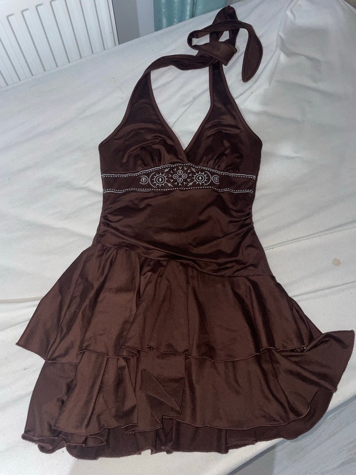 Kahverengi V Yaka Drapeli bohem Mini Elbise - Görsel 2