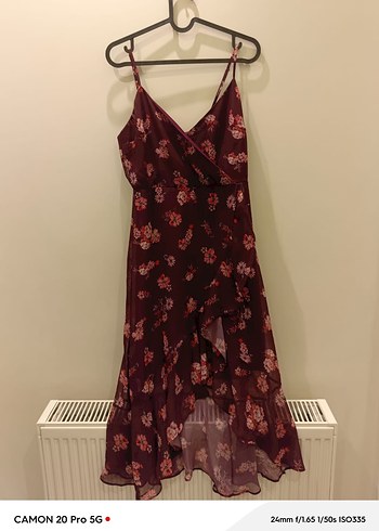 Bordo V Yaka Fırfırlı Midi Elbise - Görsel 2