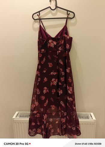 Bordo V Yaka Fırfırlı Midi Elbise - Görsel 4