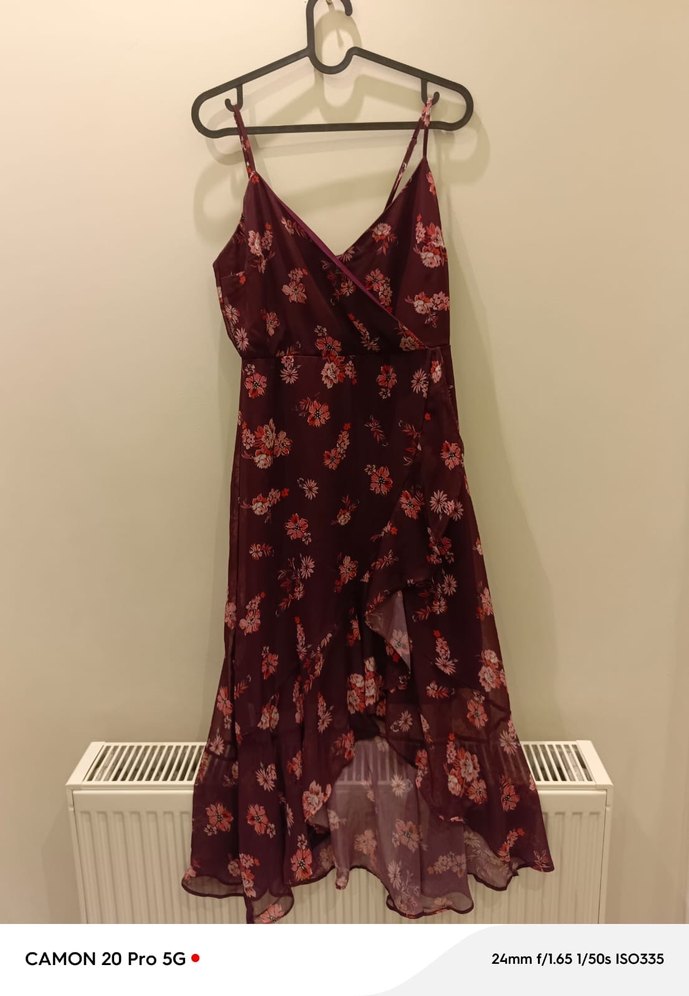 Bordo V Yaka Fırfırlı Midi Elbise - Görsel 2