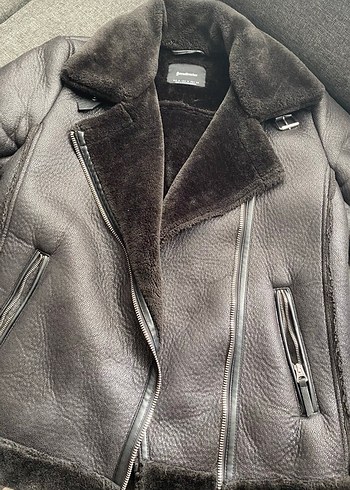 Kürk Detaylı siyah Deri Biker Ceket