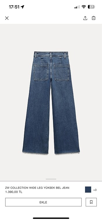40 Beden mavi Renk Zara Wide leg yüksek bel jean