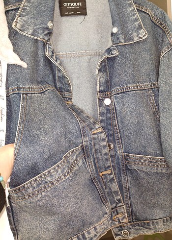 l Beden Gri Düğmeli Kadın Denim Ceket