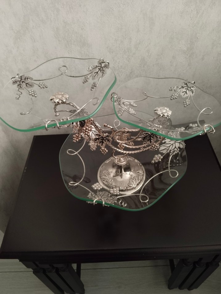 Gri Nakışlı Vintage Cam Sunum Tabağı - Görsel 2