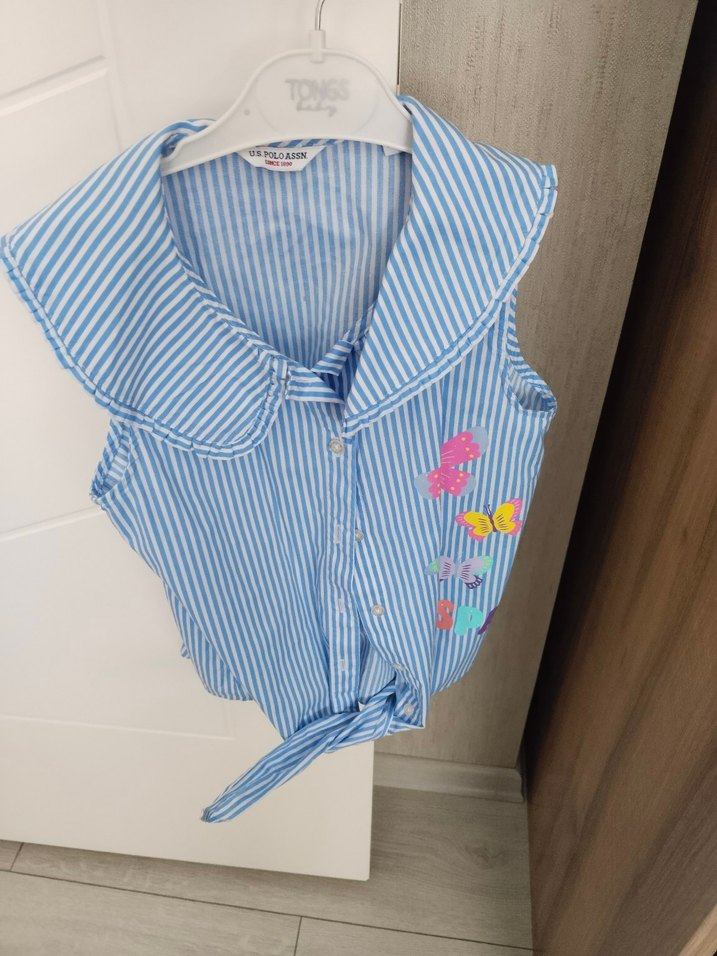 Kız Çocuk Mavi Çizgili Düğmeli Bluz - Görsel 2