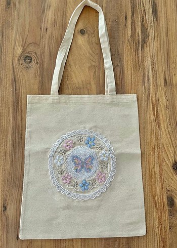 Kelebek ve Çiçekli Tote Bag/Bez Çanta - Görsel 2
