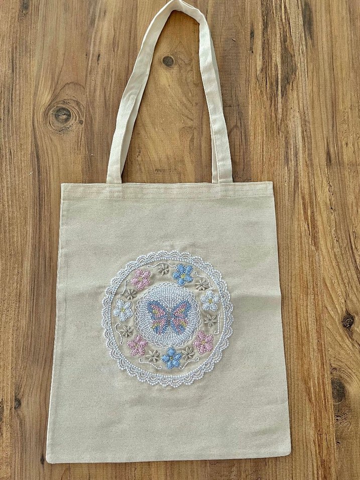 Kelebek ve Çiçekli Tote Bag/Bez Çanta - Görsel 2