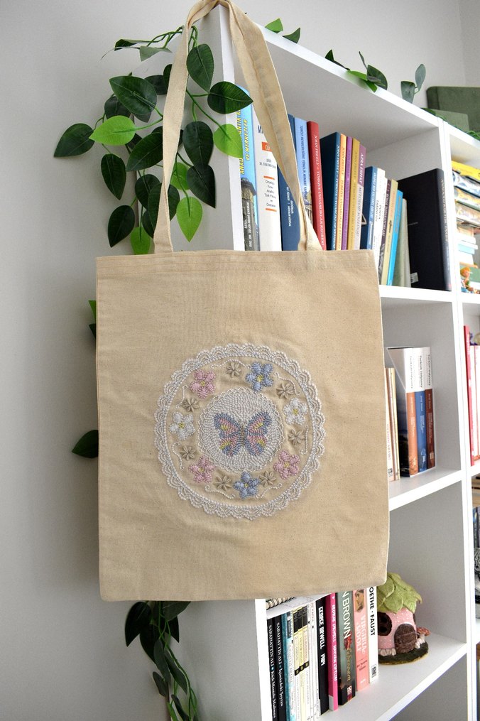 Kelebek ve Çiçekli Tote Bag/Bez Çanta - Görsel 3