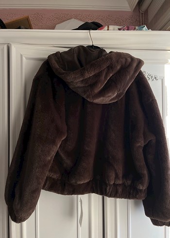 Kahverengi Kapüşonlu Kadın Peluş Ceket - Görsel 5
