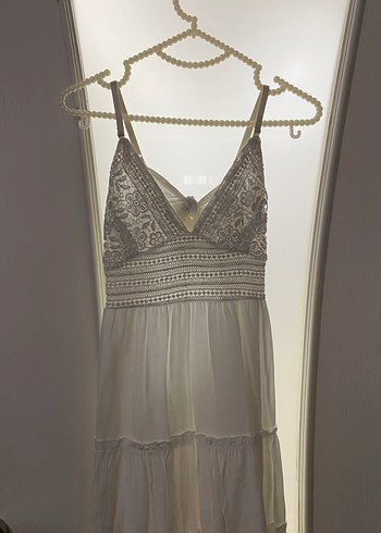 Dantel İşlemeli V Yaka Bohem Kısa Elbise - Görsel 3