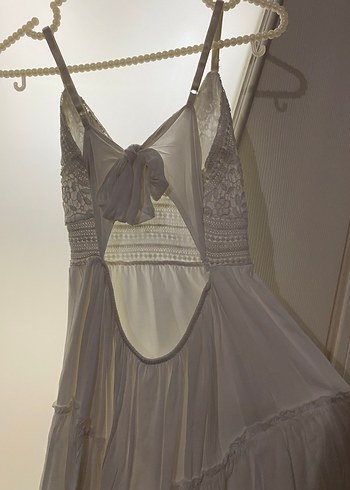 Dantel İşlemeli V Yaka Bohem Kısa Elbise - Görsel 6