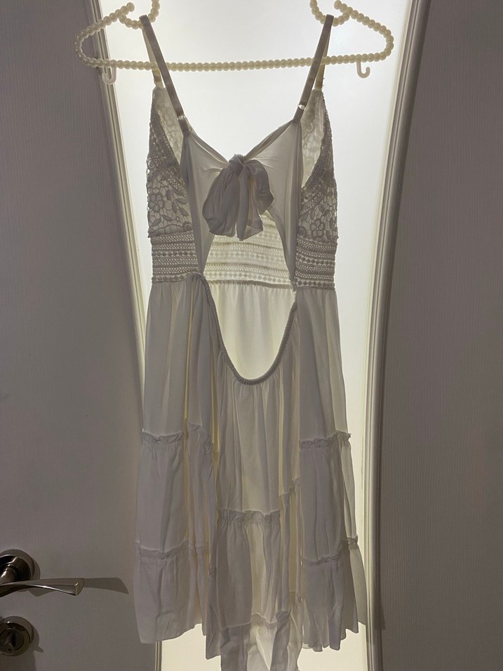 Dantel İşlemeli V Yaka Bohem Kısa Elbise - Görsel 5