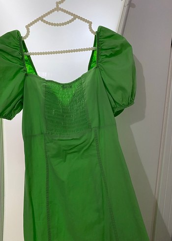 Yeşil V Yaka Mini Kolları Balon Elbise - Görsel 6