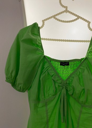 Yeşil V Yaka Mini Kolları Balon Elbise - Görsel 3