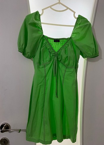 Yeşil V Yaka Mini Kolları Balon Elbise - Görsel 4