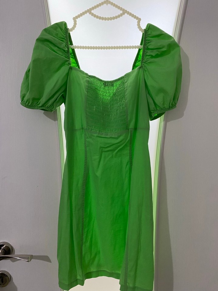 Yeşil V Yaka Mini Kolları Balon Elbise - Görsel 5