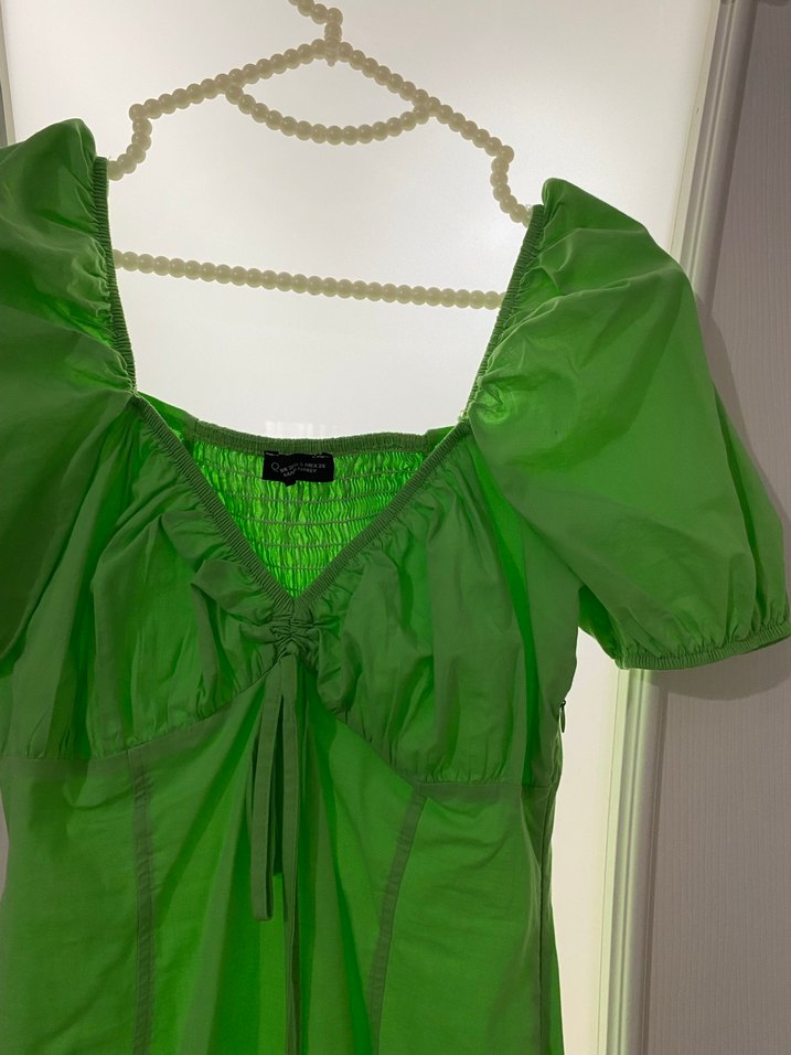 Yeşil V Yaka Mini Kolları Balon Elbise - Görsel 2