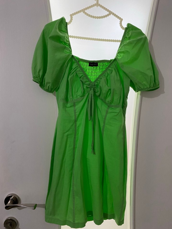 Yeşil V Yaka Mini Kolları Balon Elbise - Görsel 4