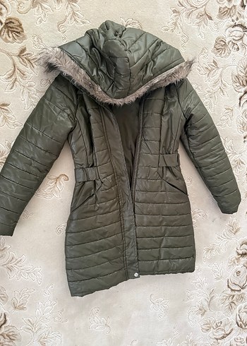 Haki Uzun Kadın Kışlık Mont Kürklü Kapüşonlu - Görsel 2